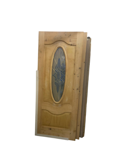 Picture of Solid Wooden Door with Elegant Blue Decorative Glass Panel
